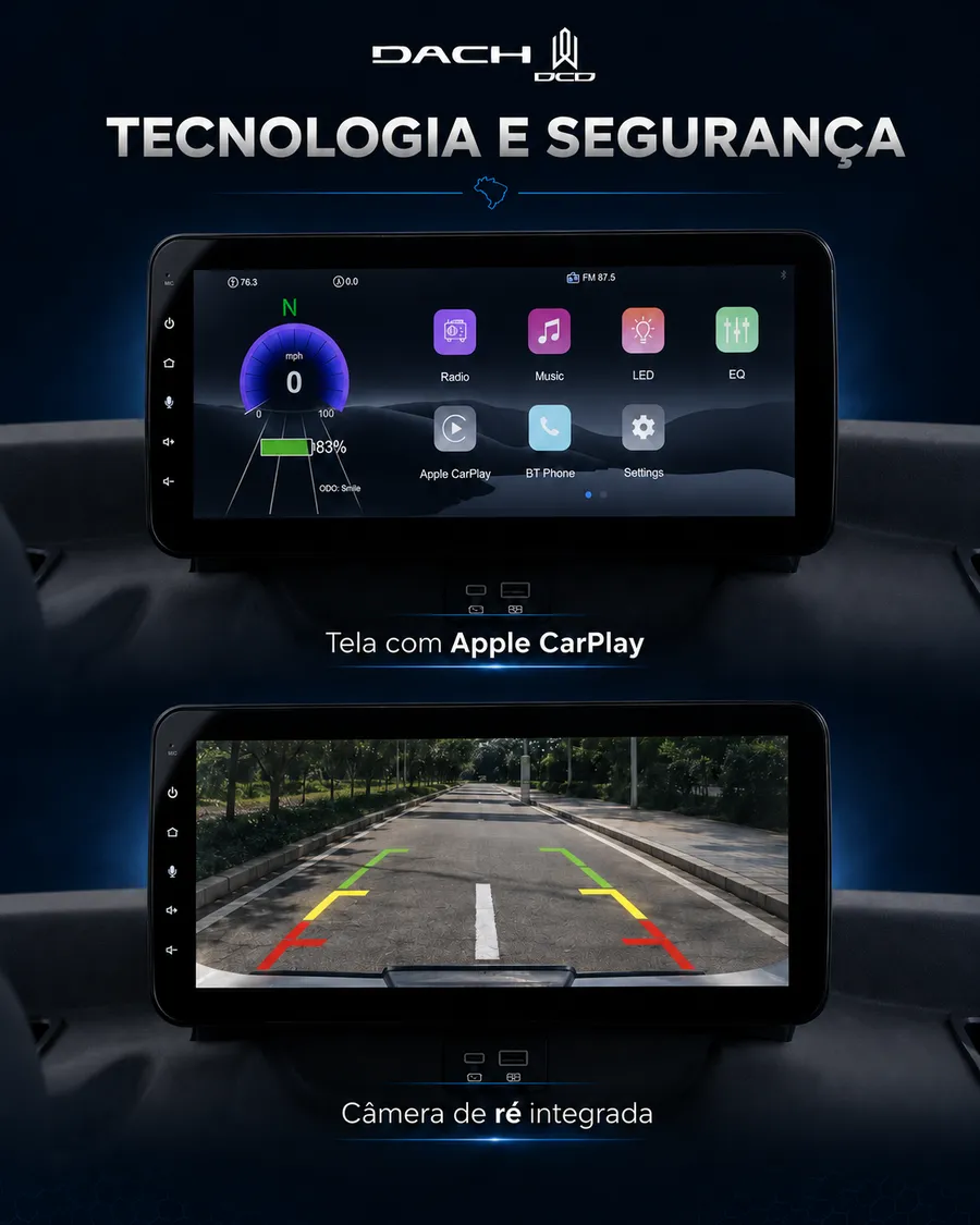 Tela com Apple CarPlay e câmera de ré integrada